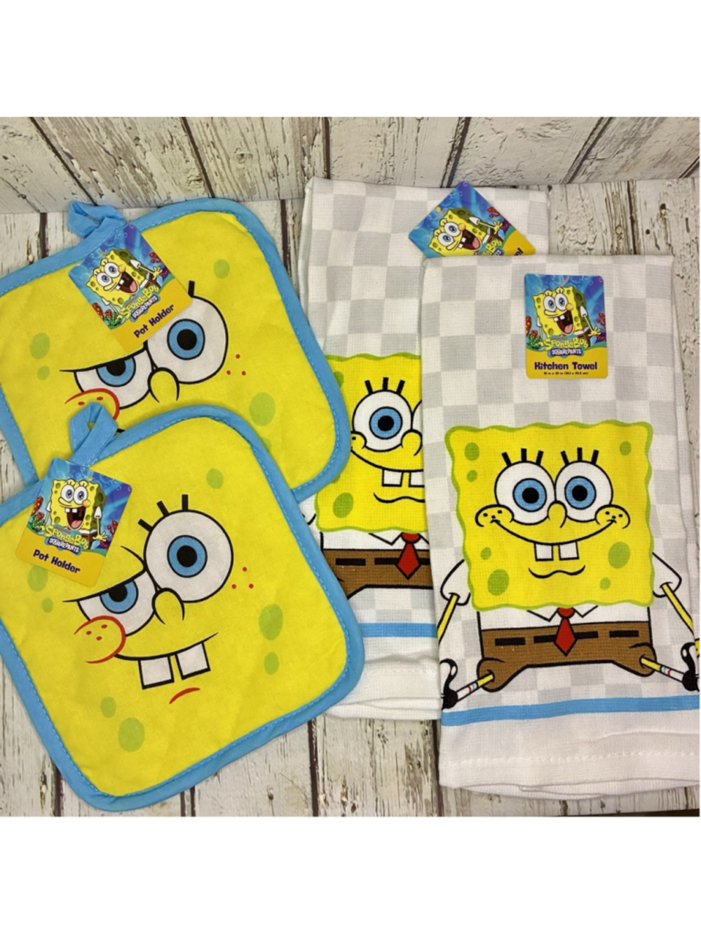 New 4 Pc Lot SpongeBob SquarePants Kitchen Towels Pot Holders Cotton Gift Set
